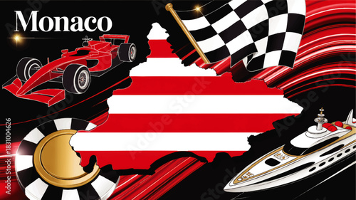 Monaco luxury grand prix illustration with red race car, yacht, casino chip, checkered flag and map on bold red and black background