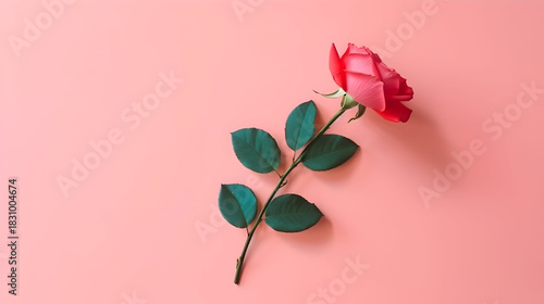 A vibrant red rose with lush green leaves rests on a light pink backdrop,  creating a striking contrast and a sense of natural beauty