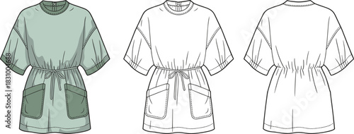 Short sleeve tunic top fashion sketch, drawstring waist blouse design, front back technical flat, cad drawing flat vector illustration