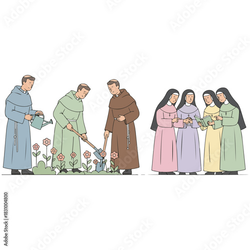Monks and nuns tending to a rose garden together.