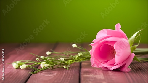 A delicate pink rose resting on a rustic wooden surface with small white flowers,  creating a romantic and natural still life scene