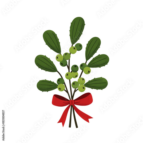 Festive mistletoe sprig with a charming red ribbon bow perfect for holiday designs