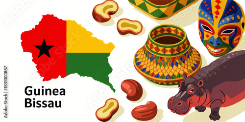 Guinea Bissau map with national flag colors, traditional African mask, basket, cashew nuts and hippopotamus illustration