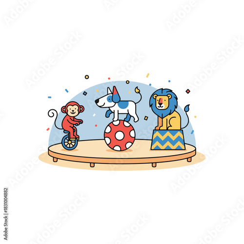 Circus animals performing on a stage.