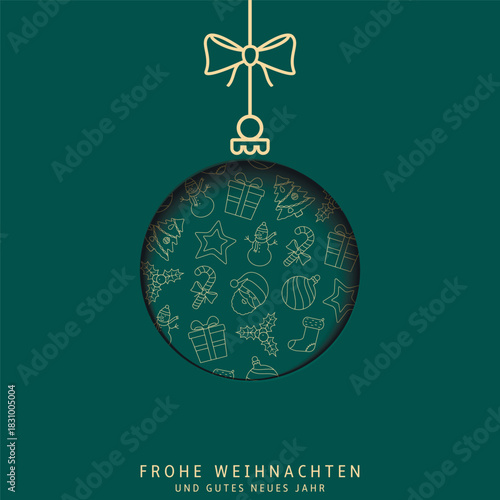 Frohe Weihnachten und Gutes Neues Jahr. Luxury Christmas invitation card with Christmas ball