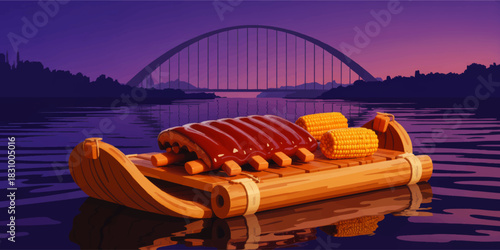 Sunset river illustration with barbecue ribs and corn on rustic wooden raft, vibrant city bridge landscape, summer cookout concept art