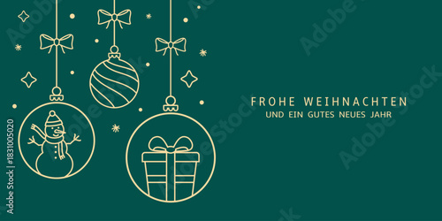 Christmas card with holidays decoration. Merry Christmas and Happy New Year background with text on German language