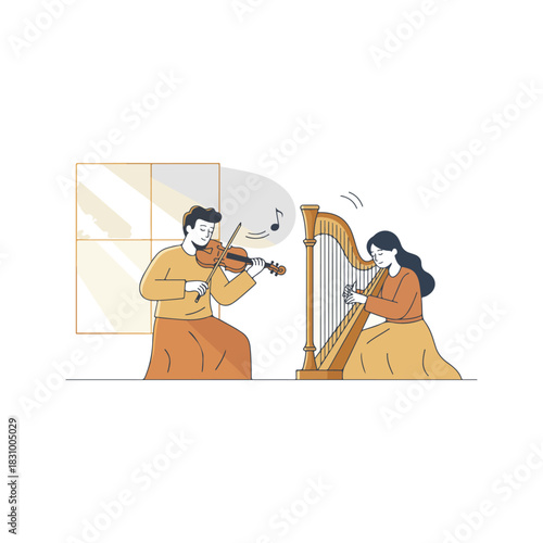 Musicians Playing Violin and Harp Together.