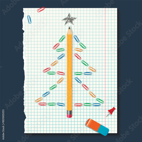 Christmas tree made with pencil and colorful paper clips on notebook sheet. Vector illustration.