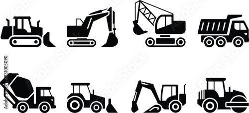 Construction vehicle silhouettes, bulldozer, excavator, crawler crane, dump truck, cement mixer, front loader, mini excavator, road roller