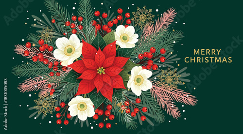 A festive christmas bouquet with a red poinsettia, white anemones, red berries, and green fir branches, creating a beautiful and elegant holiday arrangement on a dark green background