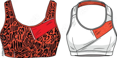 Women’s sports bra fashion sketch, animal print and geometric panel design, activewear flat drawing, cad drawing flat vector illustration