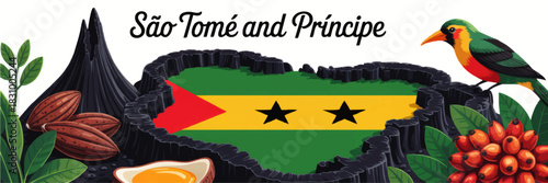 São Tomé and Príncipe travel illustration with flag in volcanic crater, tropical bird, cocoa pods, coffee berries and lush green leaves
