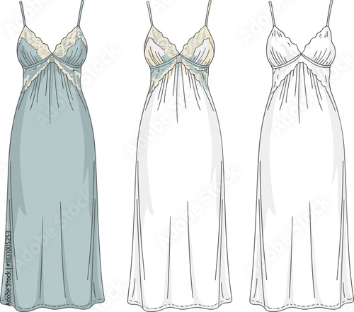 Mid-calf nightgown sketch set, lace bust and strap variation detail, front view, colored and technical vector illustration
