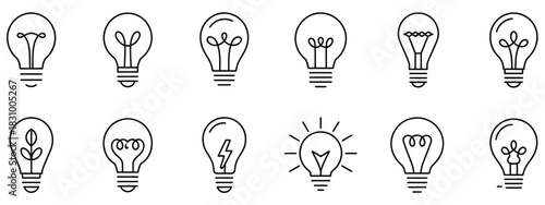 Light bulb icons, minimalist vector illustrations representing innovation, creativity, and smart technology, ideal for digital interfaces, presentations, educational materials, and technology-themed d