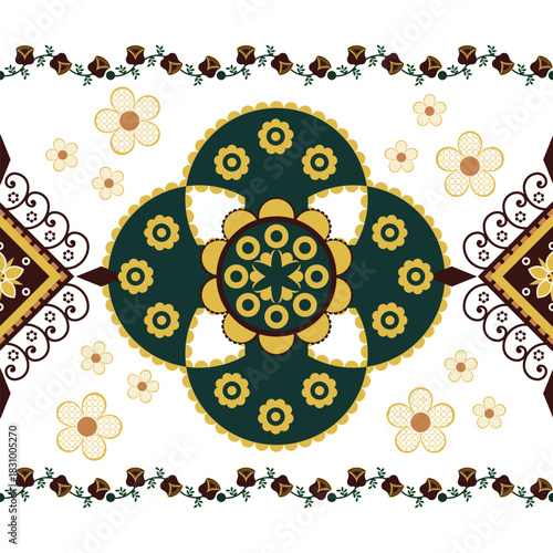 Abstract seamless vector pattern featuring cute yellow floral decoration for fashion textile art with geometric ethnic aztec line and traditional embroidery decoration.Native American tribal fabric.