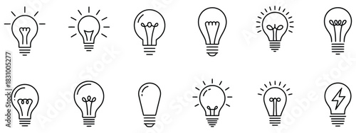 Light bulb icons, minimalist vector illustrations representing innovation, creativity, and smart technology, ideal for digital interfaces, presentations, educational materials, and technology-themed d