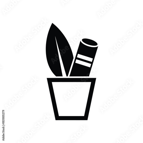 Stylized black icon of a plant sprout and a roll in a pot, symbolizing growth, nature, and development.
