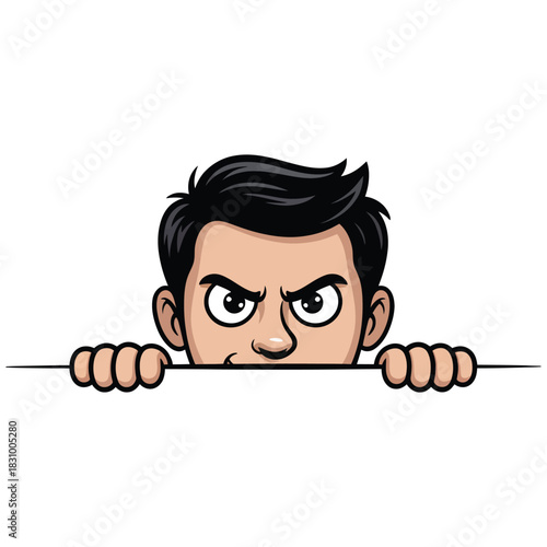 A cartoon man peeks over a blank surface with a suspicious expression.