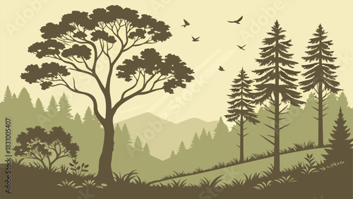 Serene forest landscape with towering trees and soaring birds creating a peaceful woodland scene perfect for nature-inspired designs and calming visuals