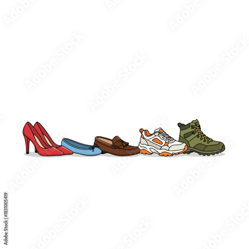 Collection of Diverse Footwear Arranged in a Line.
