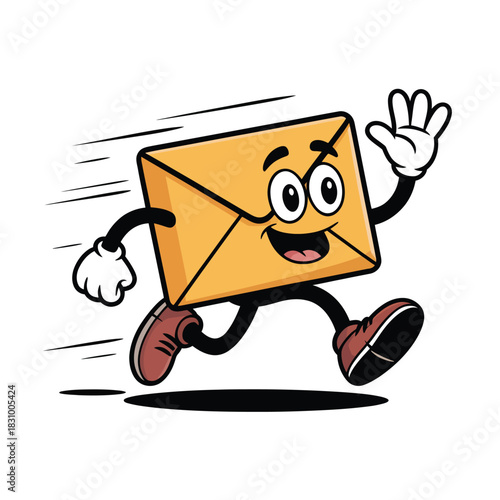 A cartoon envelope character running quickly with speed lines and a cheerful expression.