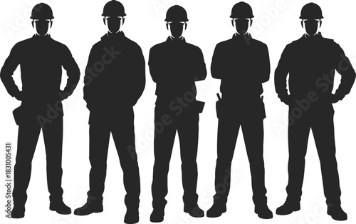 Construction worker silhouettes, hard hats, confident stance, teamwork, labor force, black illustration, occupational safety, industrial roles, jobsite crew