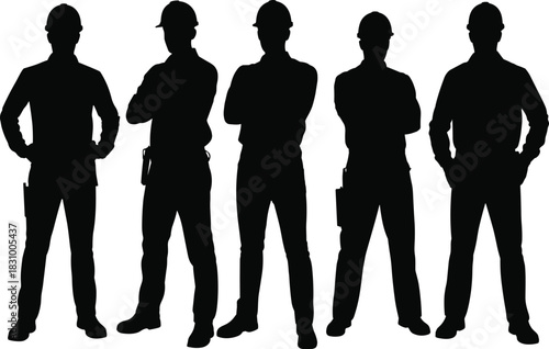 Construction worker silhouettes, hard hats, confident stance, tool belts, teamwork, labor force, black illustration, occupational safety, engineering roles