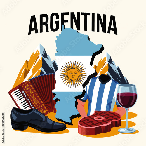 Argentina culture illustration with map flag tango shoe accordion football jersey steak wine and Andes mountains travel design