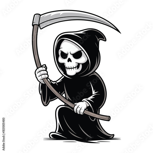 The Grim Reaper character poses with a scythe, symbolizing death and mortality