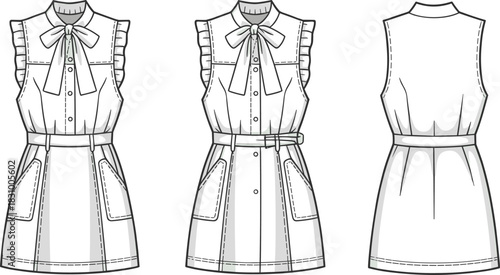 Sleeveless collared dress sketch, bow tie and ruffle armhole detail, front and back view, cad drawing flat vector illustration