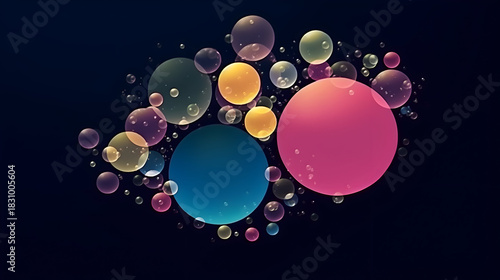 An artistic arrangement of translucent bubbles in various sizes and colors against a dark blue background,  creating a dreamy and ethereal atmosphere