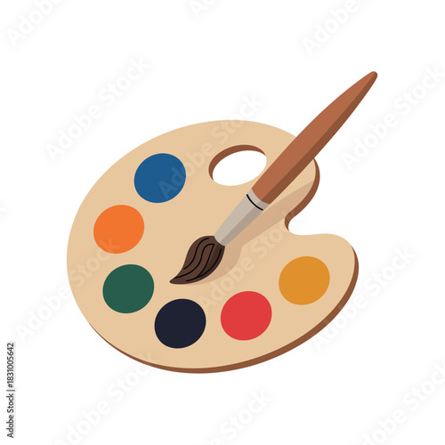 An artist's wooden palette is filled with colorful paints and a brush.