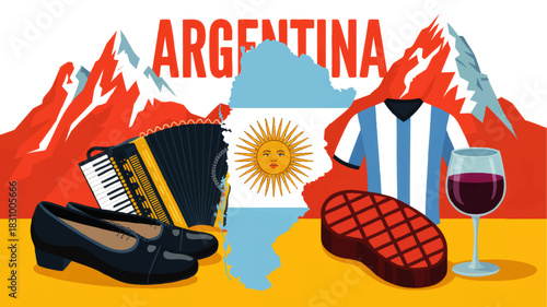 Argentina culture vector illustration with map flag, tango shoes, bandoneon, football jersey, steak, wine and Andes mountains background