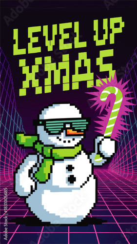 Retro gamer Christmas poster with pixel snowman, neon candy cane and Level Up Xmas text on futuristic grid background