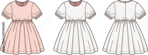 Puff sleeve dress fashion sketch, gathered waist design, front back technical flat, cad drawing flat vector illustration for apparel