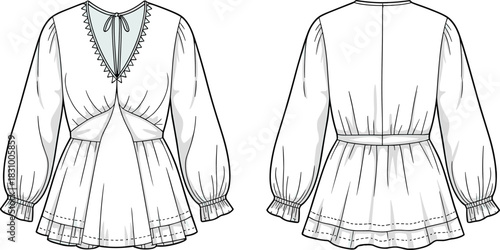 Women's blouse technical sketch, fashion vector design, front and back view, V-neck, voluminous sleeves, peplum hem, cad drawing flat vector illustration