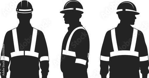 Construction worker silhouettes, safety vest, hard hat, black illustration, rear view, side profile, jobsite gear, PPE, industrial icon