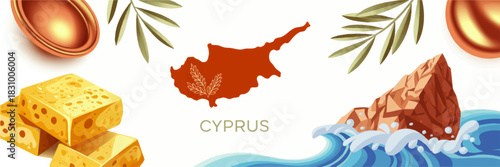 Cyprus travel banner with island map olive branches halloumi cheese sea waves rocky coast and traditional copper plate illustration