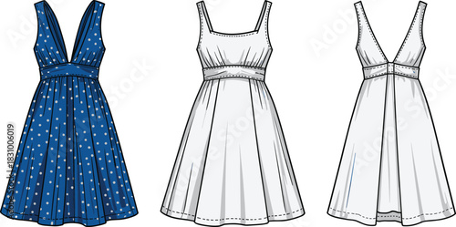 Sleeveless pleated dress illustration, polka dot and technical sketch, fashion design, vector template, cad drawing flat vector illustration