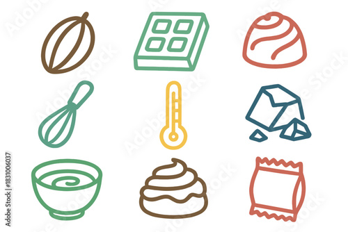 Creative cooking elements for making desserts and chocolates displayed in a colorful grid