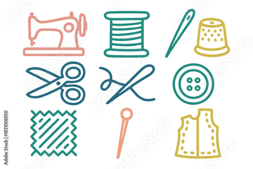 Creative sewing tools and materials arranged in a colorful grid design for craft enthusiasts