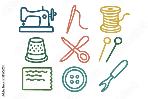 Sewing tools and supplies for crafting and DIY projects displayed in a colorful layout