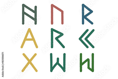 Unique collection of colorful symbols and runes arranged in a modern design reflecting ancient culture and artistry