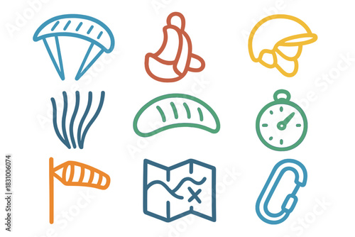 Fun outline icons of outdoor adventure activities such as paragliding, hiking, and exploring the map
