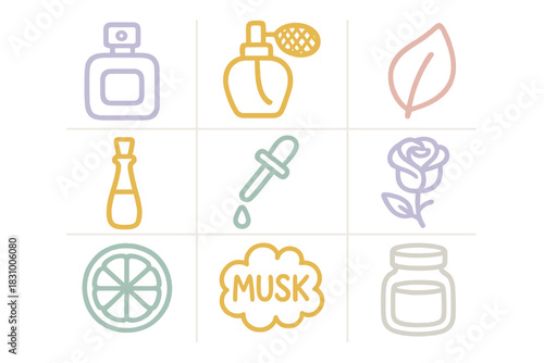 Creative design featuring various perfume elements and symbols in a grid layout