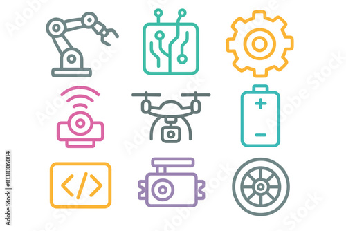 Colorful icons representing technology including robotics, circuits, drones, and coding displayed in a grid format