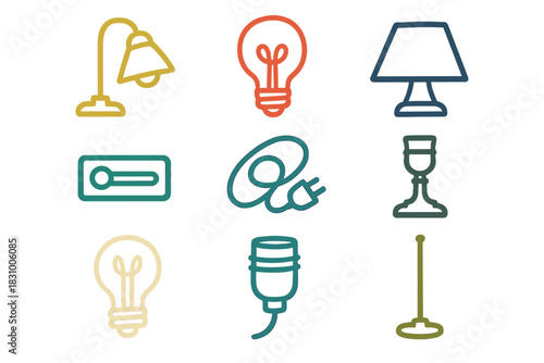 Different types of light fixtures and bulbs arranged in a simple grid pattern