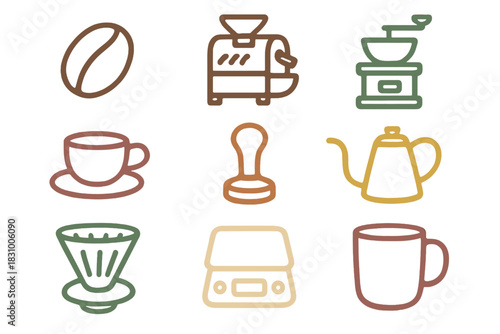 Coffee making tools and symbols with a variety of brewing methods displayed in a simple and stylish layout