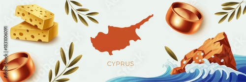 Cyprus travel illustration with island map, Mediterranean sea coast, halloumi cheese, copper bowls, olive branches and rocky shore
